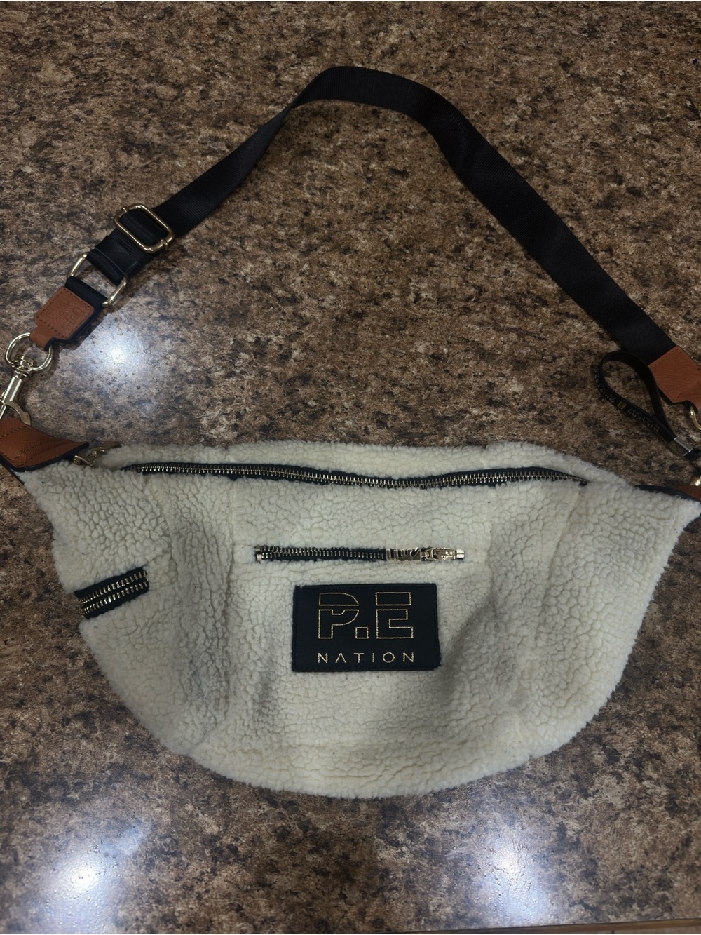 P.E Nation Cream Sherpa Crossbody Belt Bag with Black Strap